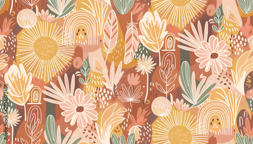 Obraz na płótnie Bohemian-inspired floral and abstract pattern with earthy tones and whimsical motifs