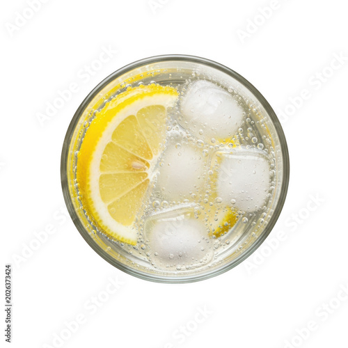 Glass of sparkling water with lemon and ice, isolated on transparent background