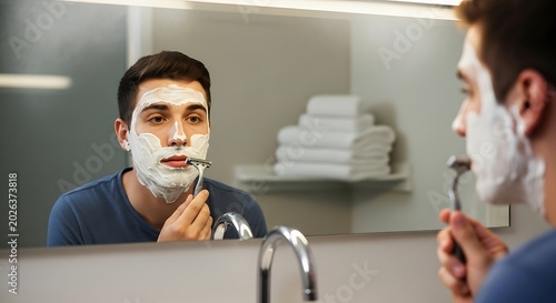 Man shaving in bathroom, applying foam to face with razor