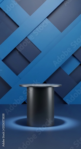 Minimalist display podium on a shadowed blue geometric backdrop