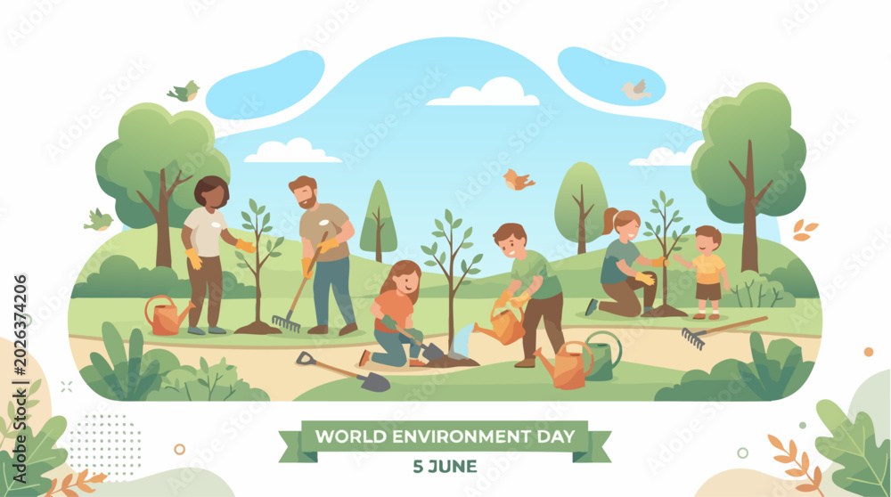 Naklejka premium Planting for the Future: A heartwarming scene depicting diverse people of all ages engaged in planting saplings, contributing to a greener planet on World Environment Day.