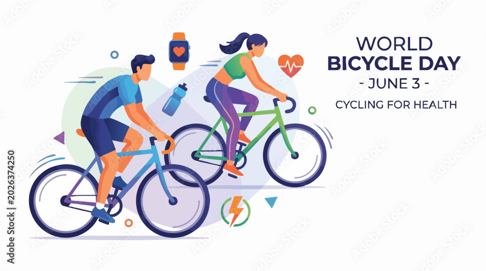 Fototapeta premium World Bicycle Day: Celebrate World Bicycle Day, June 3, with this vibrant illustration promoting cycling for health and well-being. Featuring a man and a woman cycling side-by-side.