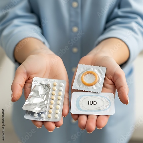 Person holding birth control pills, condom, and IUD device