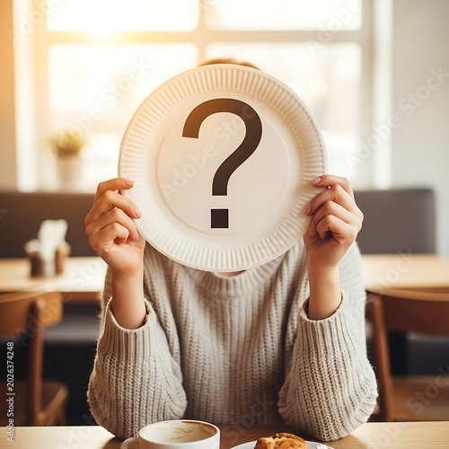 Person sits at a table, face obscured by a plate with a question mark