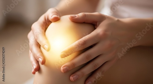 Person holding aching knee with glowing warmth sensation