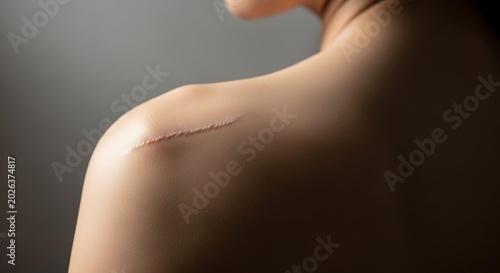 Scar on a person's shoulder in soft, dramatic lighting