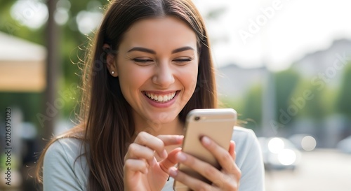 Smiling woman using smartphone outdoors, bright daylight