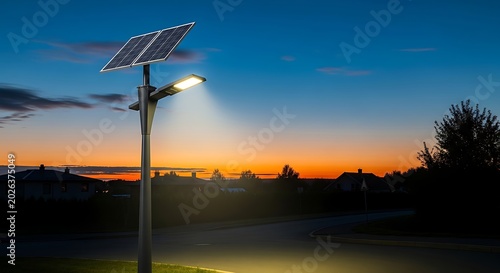 Solar-powered street light illuminates a quiet, suburban evening road