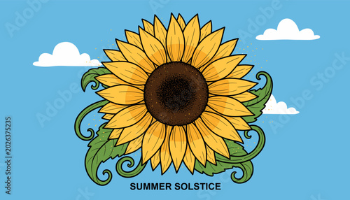 Foto A vibrant sunflower with decorative leaves against a bright blue sky with fluffy white clouds, celebrating the Summer Solstice