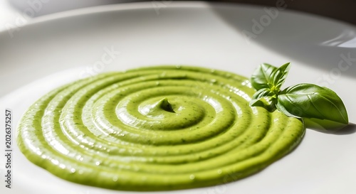 Swirled green sauce with basil garnish on a white plate