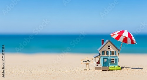 Tiny dream home with umbrella on sandy beach, ocean background