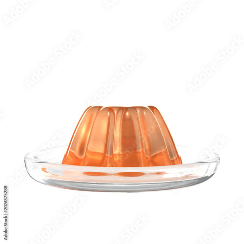 Fotografie Orange jelly dessert on glass plate, side view, transparent background, 3D rende