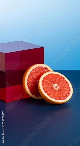 Vivid geometric shape beside halved citrus fruit