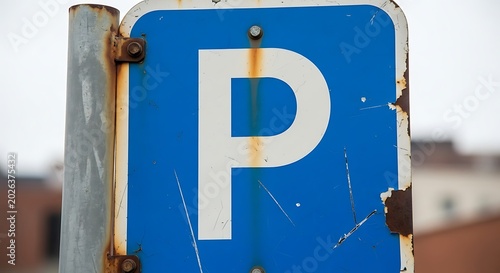 Weathered blue parking sign with a large white 'P'