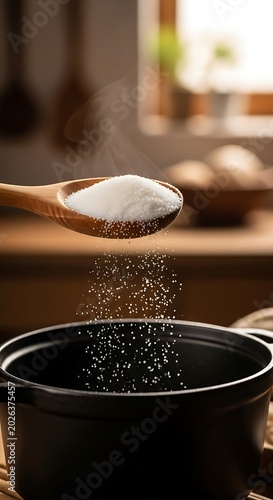 White granules falling from a wooden spoon into a pot