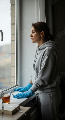 Woman in protective gloves gazes out window, a book and tea beside her