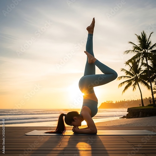 Woman practices advanced yoga pose on beach at sunrise with ocean and palm trees