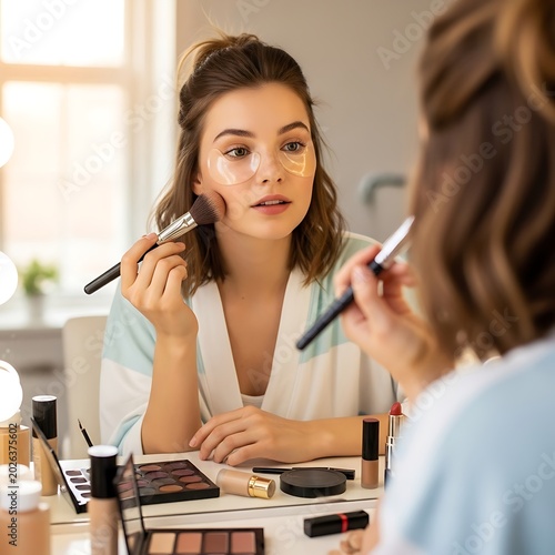 Young woman applying makeup in a bright, well-lit room