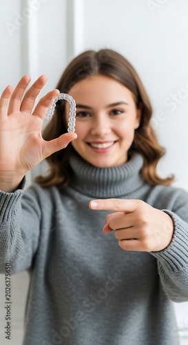 Young woman smiling and pointing at clear aligner