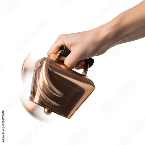 A hand holding a shiny copper-colored kettle with motion blur on a white background.