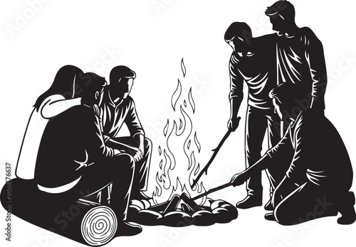 Black and white of people gathered around a campfire sitting