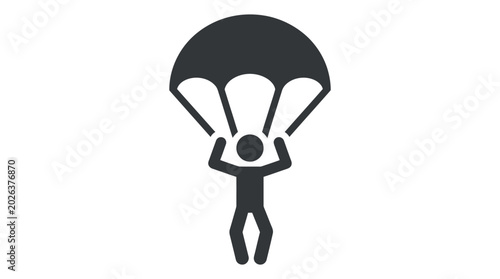 Skydiver stick figure falling down with an open parachute for extreme adventure sports concepts