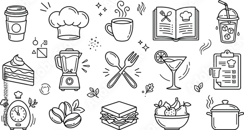 Photos Restaurant and kitchen cooking icon set with doodle chef hat recipe book blender