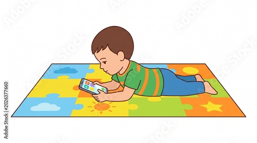 Flat design vector illustration Young boy absorbed in smartphone, lying on a colorful puzzle mat against a white background, depicting childhood digital engagement