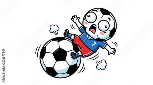 Photos Cute cartoon soccer ball character falling over a football, isolated on transpar