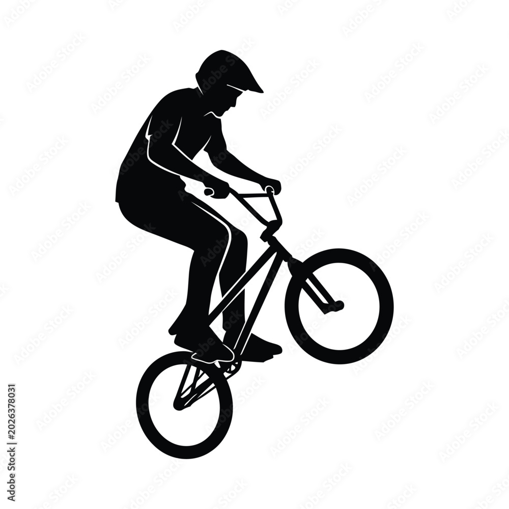 Obraz premium Bmx biker silhouette doing a wheelie, isolated vector illustration on white background.