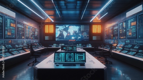 Futuristic control center with multiple screens displaying data and world map, illuminated by neon lights