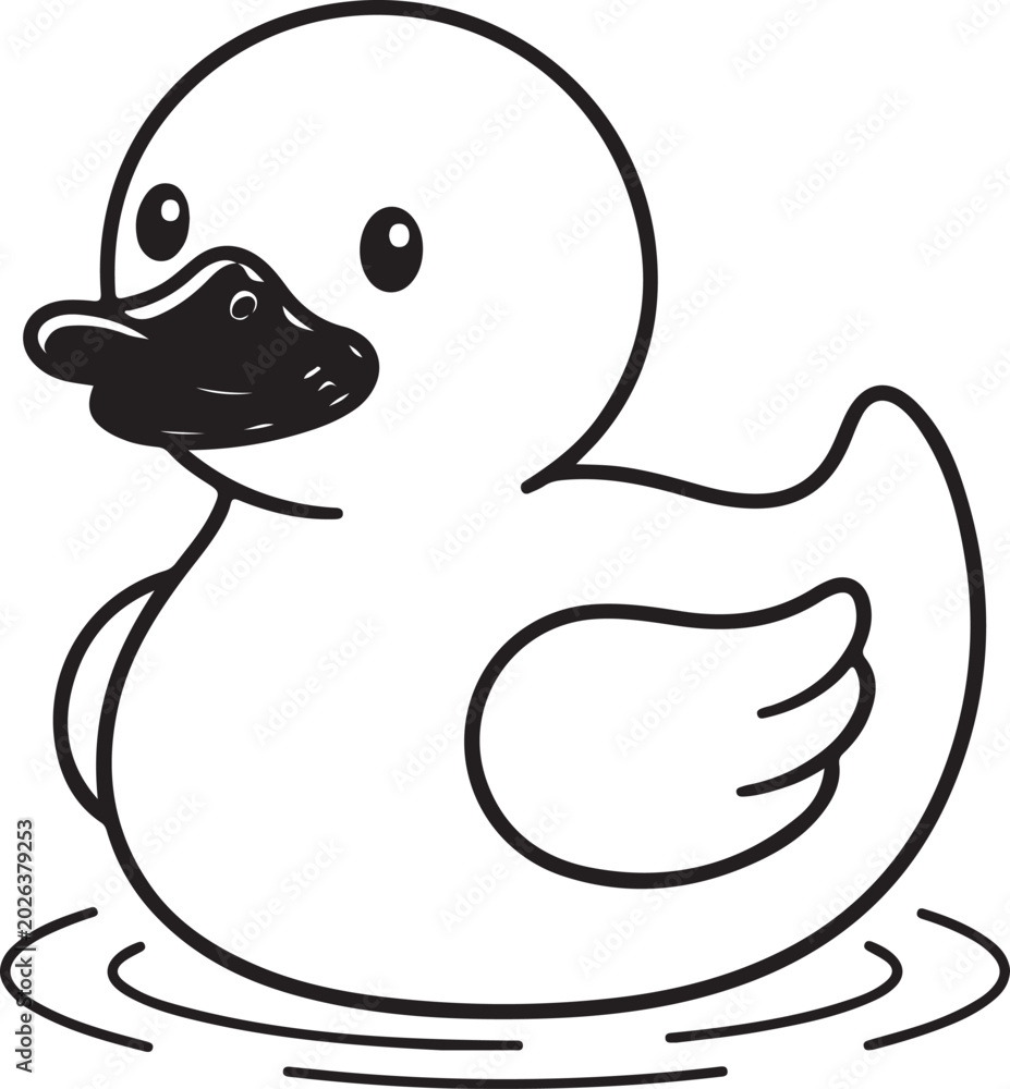 Obraz premium Cute little yellow rubber duck swimming in water simple black and white line art vector graphic.