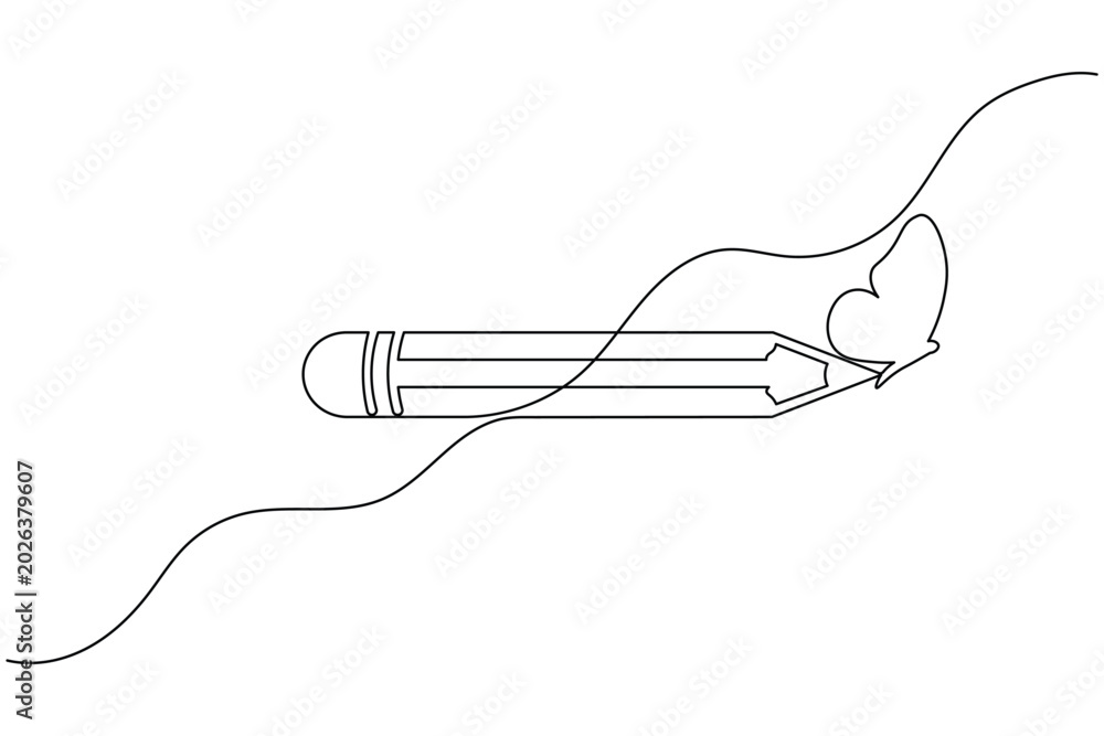 Obraz premium Pencil with butterfly continuous one line drawing minimal creative sketch vector illustration