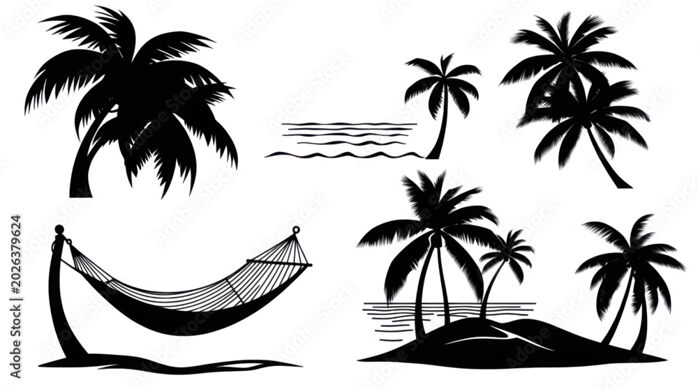 Fototapeta premium Summer Tropical Vacation Design with Glowing Palm Trees and a Comfortable Hammock