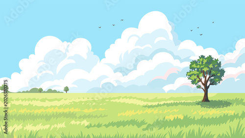 Valokuva Vector illustration of a bright summer landscape with a green meadow, a lone tre