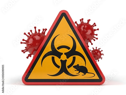 Biohazard warning symbol with virus particles and mouse illustration representing disease transmission and health risks
