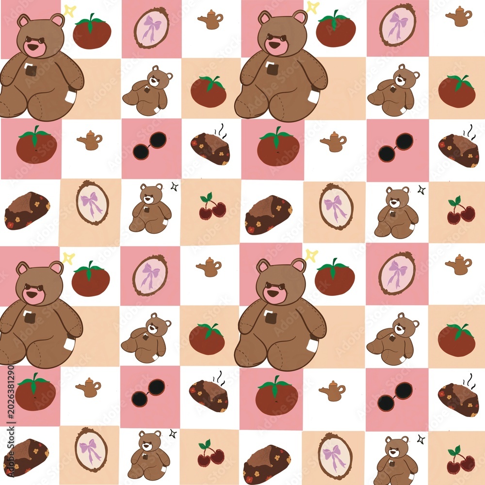 Fototapeta premium Cute pink teddy bear checkerboard seamless pattern, aesthetic blush and peach checkered background with whimsical tea party icons for nursery textiles.