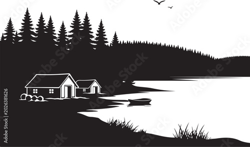 Black and white of house by lake with trees and birds