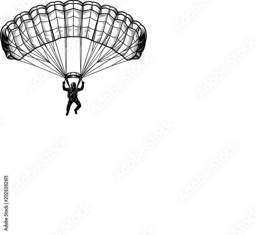 Vintage hand drawn paratrooper descending with open parachute vector illustration sketch isolated on white background for adventure design