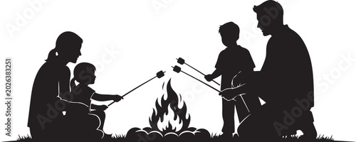 Black silhouette family roasting marshmallows by campfire
