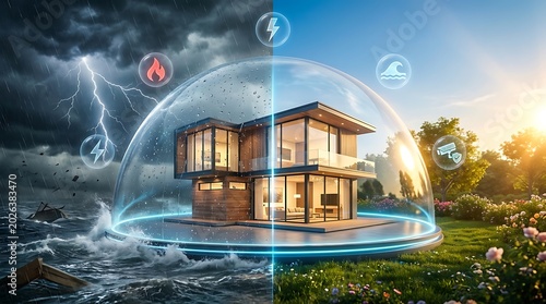 Modern house protected by a transparent dome from natural disasters and equipped with security systems in a contrasting serene environment.