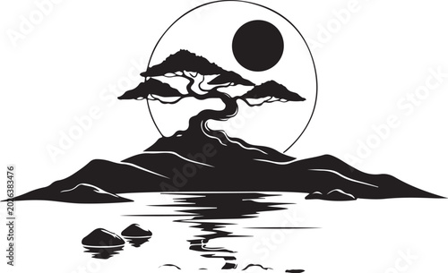 Black silhouette of bonsai tree on mountain by water with sun