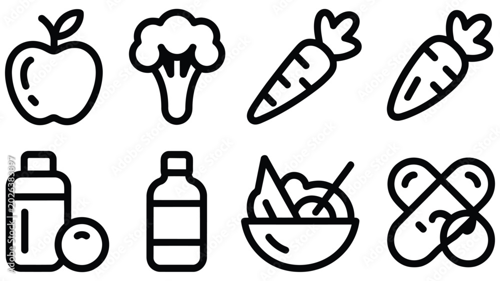 Fototapeta premium Healthy food icons including fruits vegetables and drinks on white background