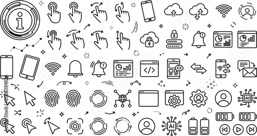 Tableau sur toile Technology and user interface line icon collection featuring touch controls conn