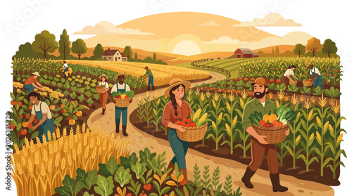 Photos Vibrant agricultural scene depicting a diverse group of farmers harvesting fresh