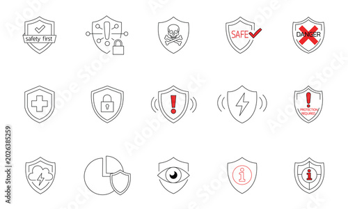 Security shield protection safety first lock cyber defense icon set.Editable stroke, Vector illustration, Line art Icon, Symbols.