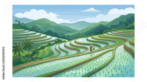 Cuadro en lienzo Lush green rice terraces cascading down rolling hills under a clear blue sky, sh