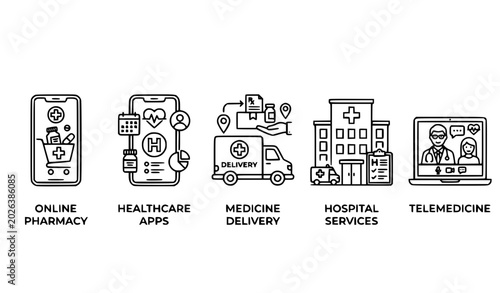 Minimal healthcare e-commerce vector icon set black and white