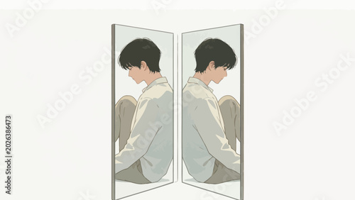 Soft melancholic minimal illustration of young dark-haired man across two opposing mirrors, sitting hunched bowed in quiet lonesome introspection, muted warm neutral palette