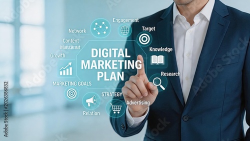 Marketing professional touching virtual screen displaying comprehensive digital marketing plan with keywords like engagement, network, content, growth, strategy, advertising,